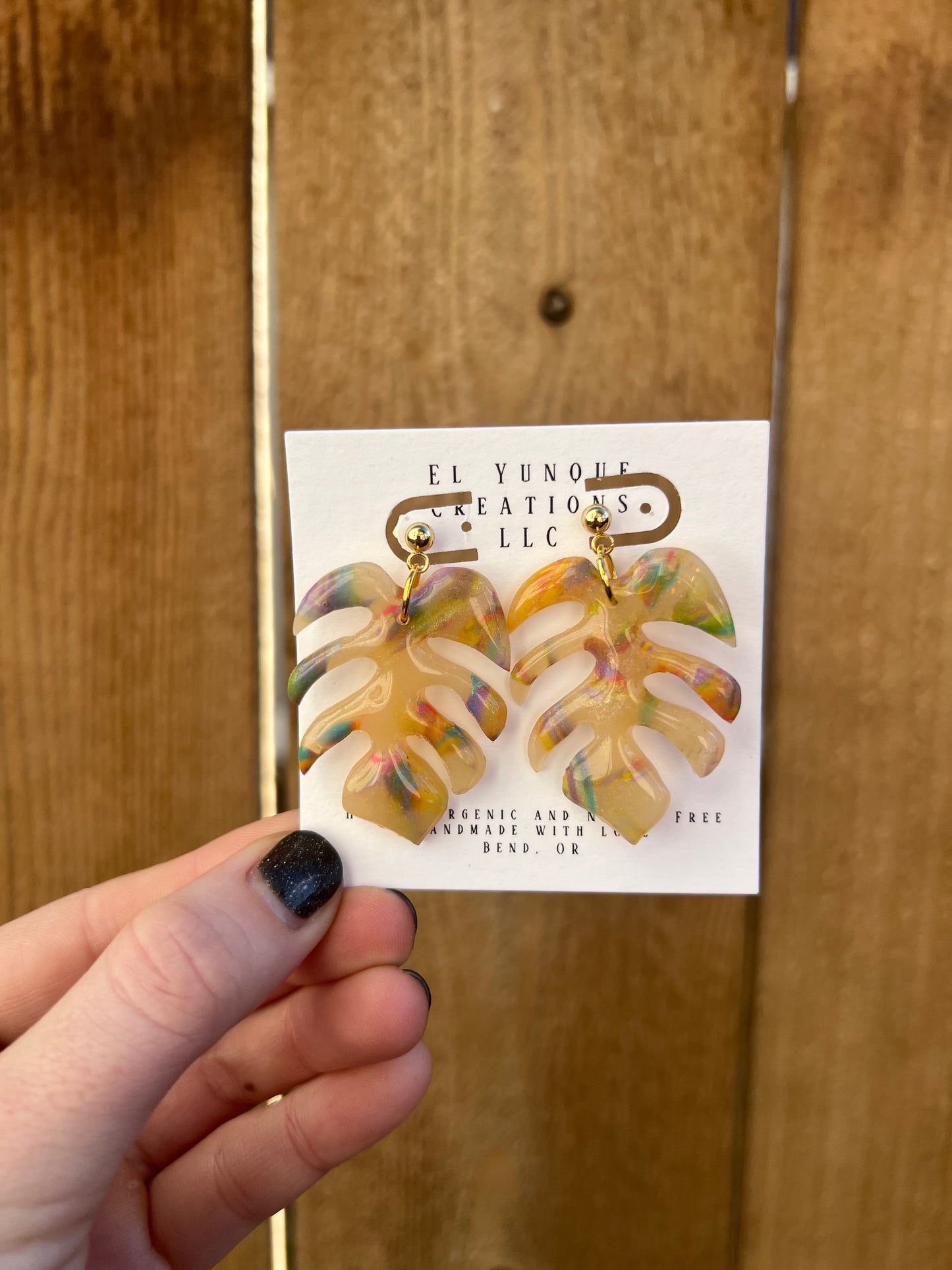 Rainbow monstera polymer clay earrings