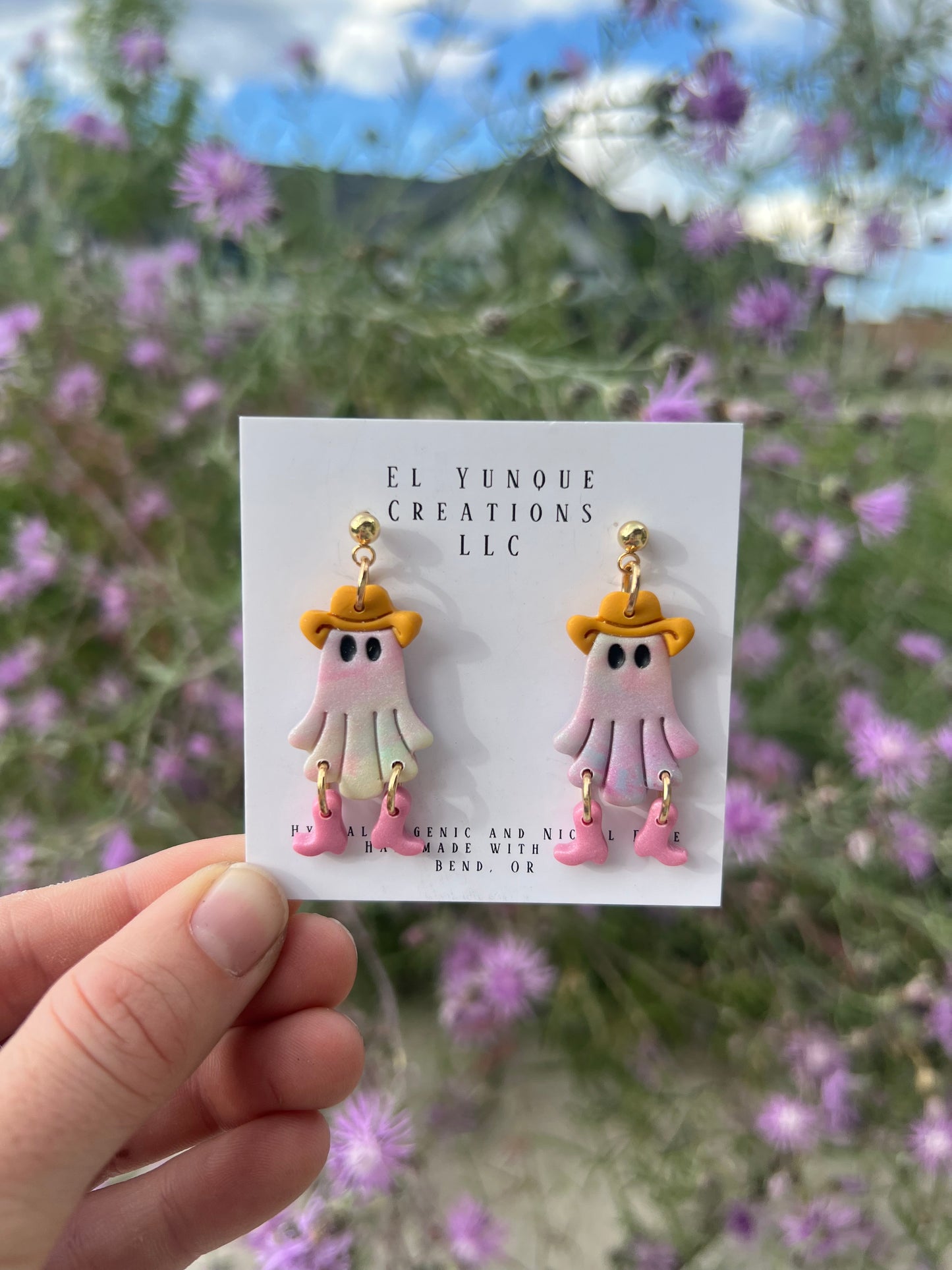 Polymer Clay cowboy ghost Earrings. Yellow and Pink.