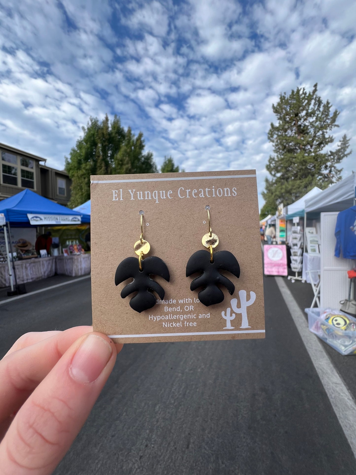 Black monstera polymer clay earrings