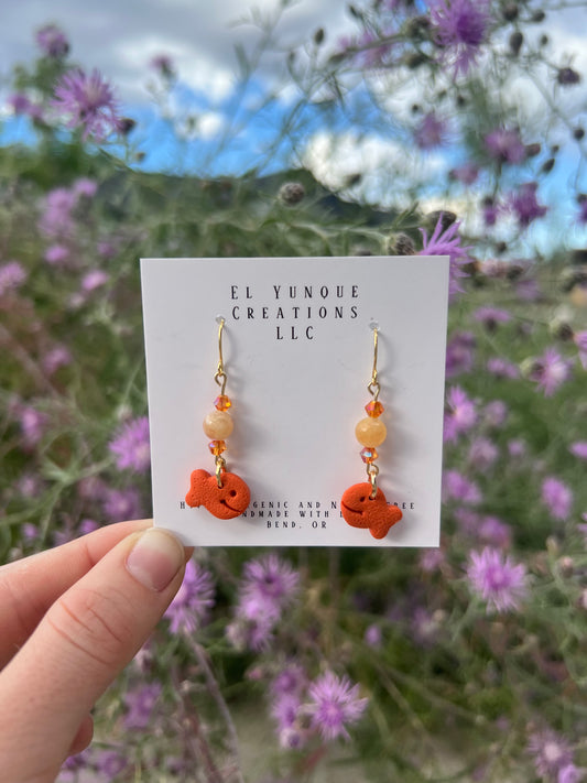 Polymer clay and beads gold fish cracker earrings