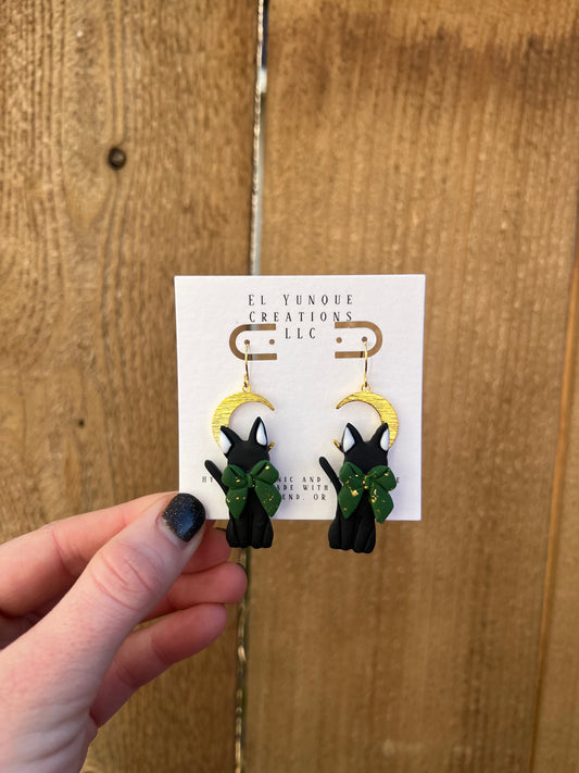 Moon black cat earrings