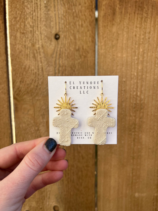 White lace cross polymer clay earrings