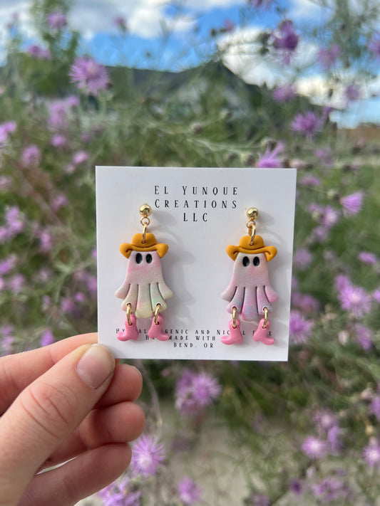Polymer Clay cowboy ghost Earrings. Yellow and Pink.