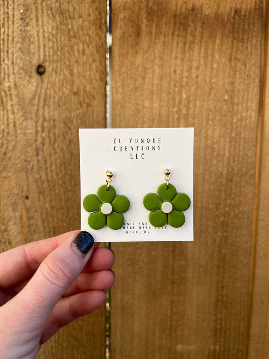Green daisy polymer clay earrings