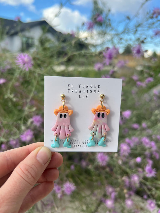 Polymer Clay Cowboy ghost Earrings. Yellow and blue.