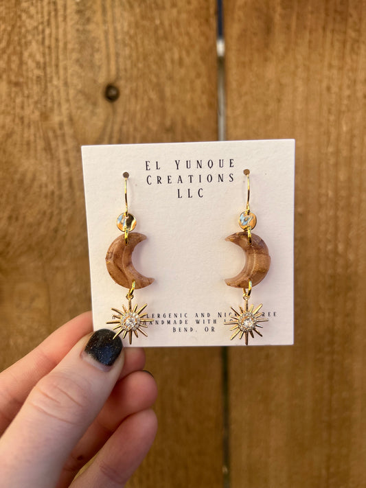 Bronze marble moon polymer clay earrings