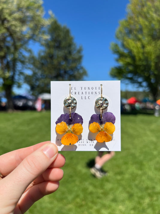 Real Purple and yellow Viola Flower Earrings